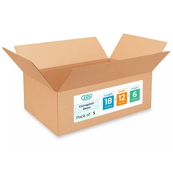 Idl Packaging 18 in x 12 in x 6 in Shipping Box, Kraft, Corrugate, Single Wall, 200#, 5 PK B-18126-5 - main